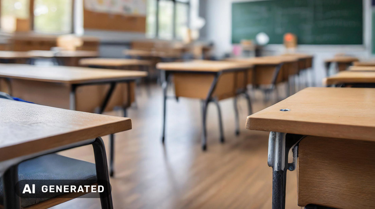 Szkolna klasa z ławkami i zieloną tablicą