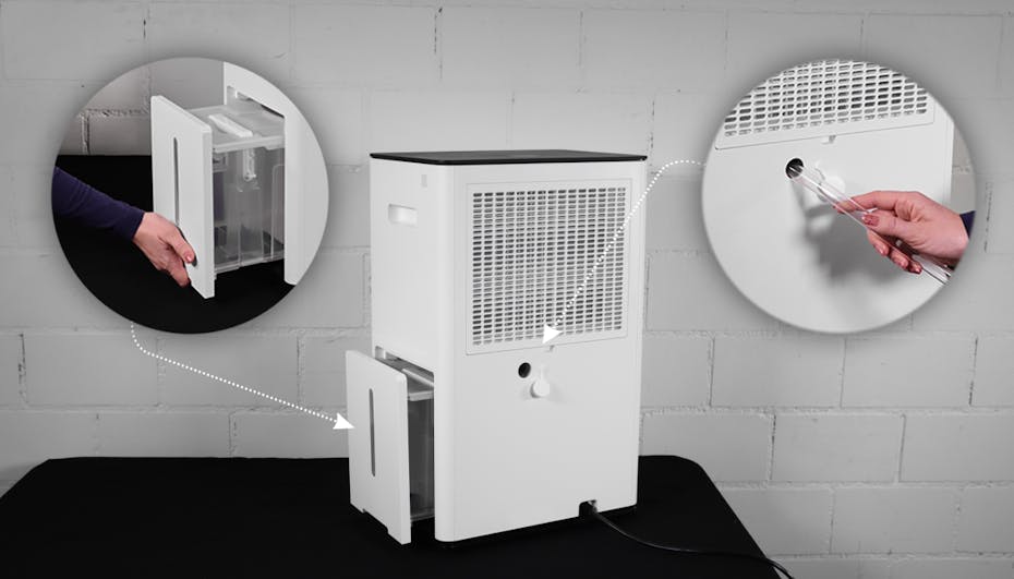 Osuszacz powietrza Stadler Form Lukas i przedstawione sposoby odprowadzenia wody