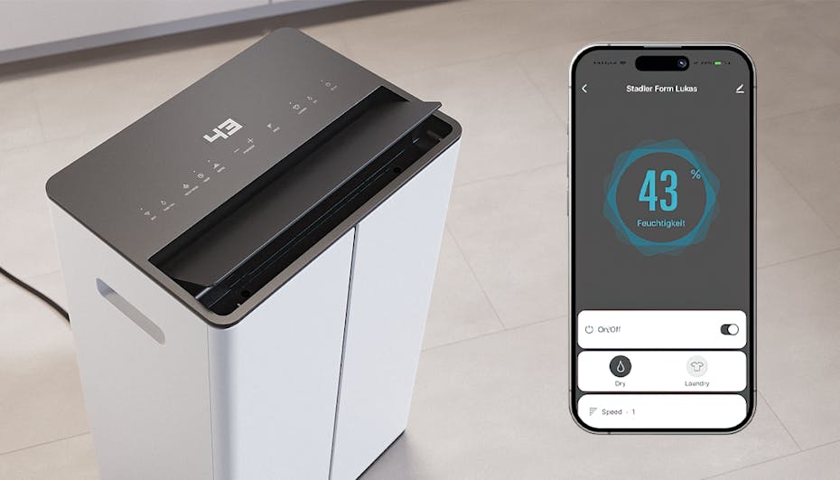 Osuszacz powietrza Lukas i widok na aplikację mobilną Stadler form w telefonie