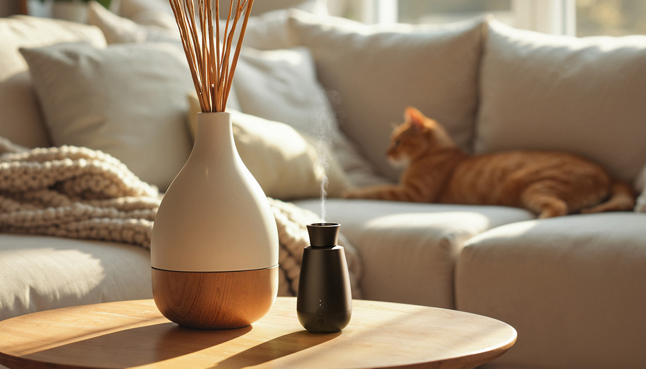 Na drewnianym stolik stoi aromatyzer Stadler Form Ella, w tle na kanapie śpi kot