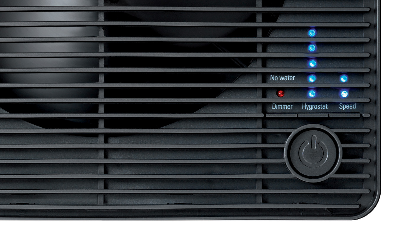 Tryb nocny - przyciemniane kontrolki zbliżenie na kontrolki nawilżacza Oskar czarny od Stadler Form