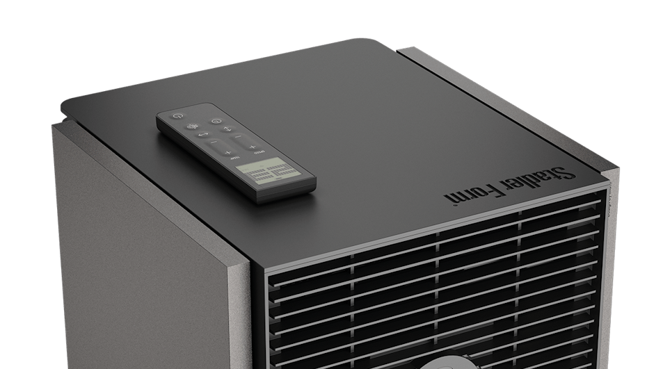 Zbliżenie na panel sterowania i pilot termowentylatora Stadler Form Alex